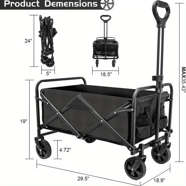 Large Heavy- Duty Folding Wagon- with All- Terrain Wheels, Utility Grocery Wagon, with Two Side, Sturdy Construction, Rolling Storage Cart for Camping, Shopping, Gardening & Outdoor Activities 70.1x39.12x44.96cm