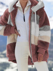 Women's Oversized Plush Flocking Jacket with Hood & Fur-Like Collar - Beige/Brown/Black/White Color-Block, Loose Fit Winter Coat, Drawstring Waist & Plush Pockets, Casual Streetwear Outerwear for Fall and Winter (Dry Clean Only), Seasonal Fashion, Colorbl