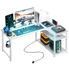 L Shaped Gaming Desk with Power Outlets Corner Computer Desk 110x80CM with Shelves Headphone Hook PC Table Workstation for Home Office Bedroom