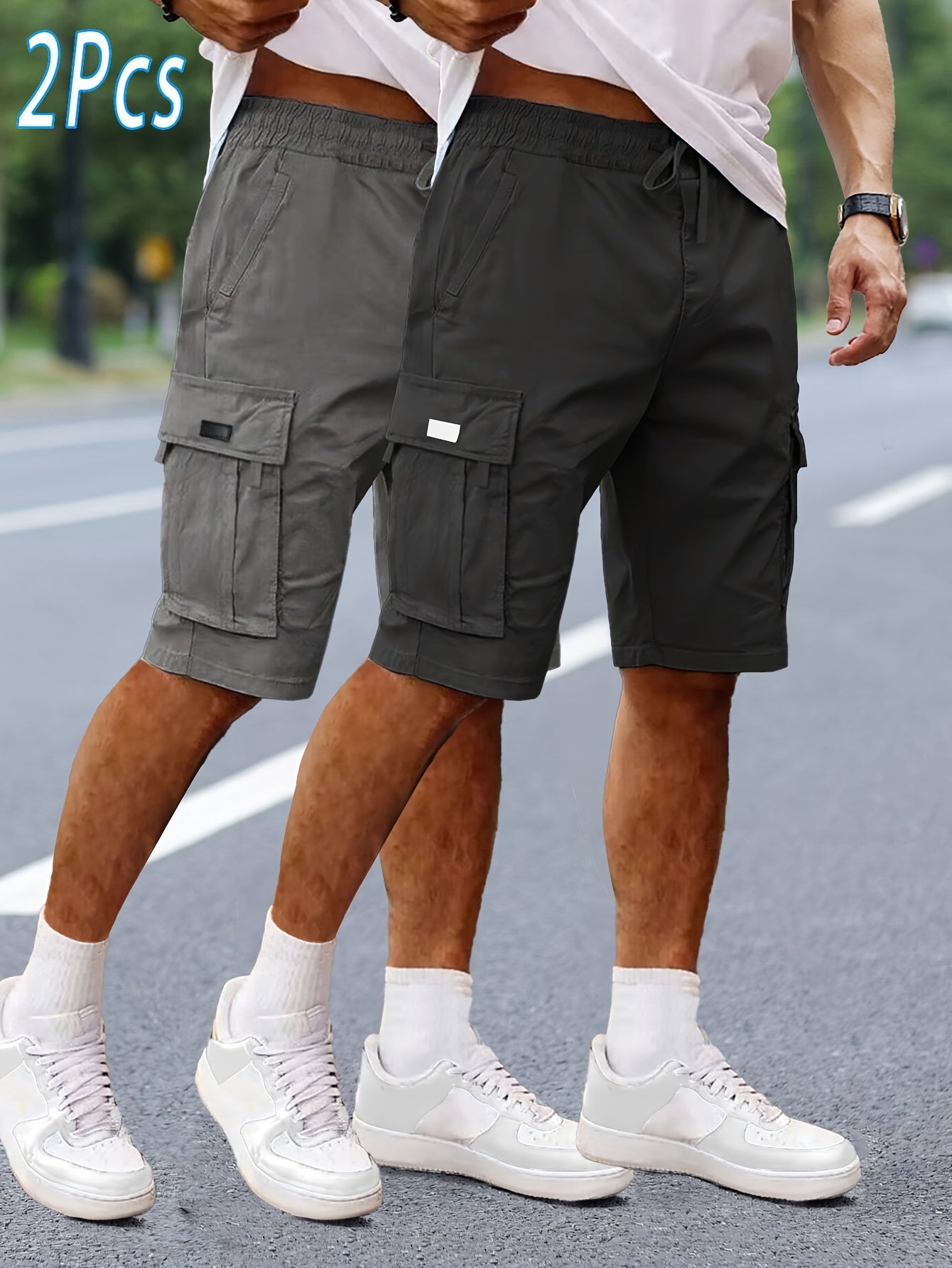 2pcs Men'S Cargo Shorts, Drawstring Waist Multi-Pocket Men'S Shorts