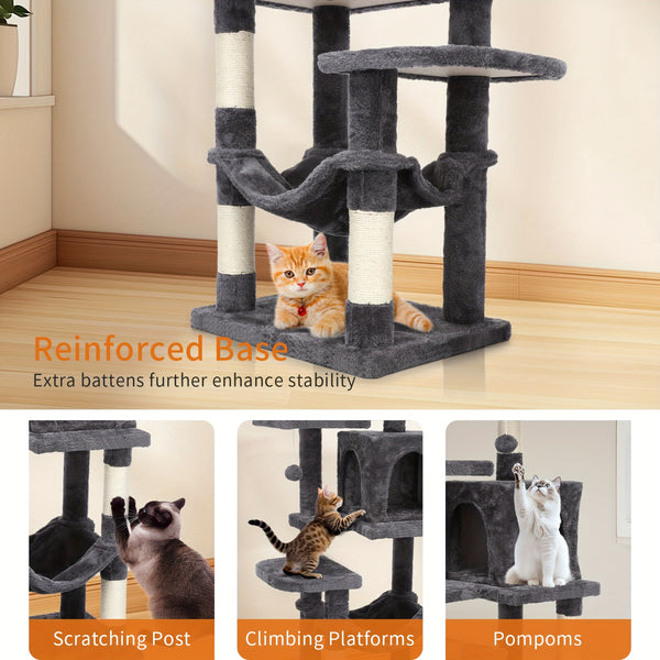 Cat Tree, 112 Cm Multi-Level Plush Cat Condo with 4 Scratching Posts, 2 Perches, Cave, Hammock, Pompoms, Light Grey