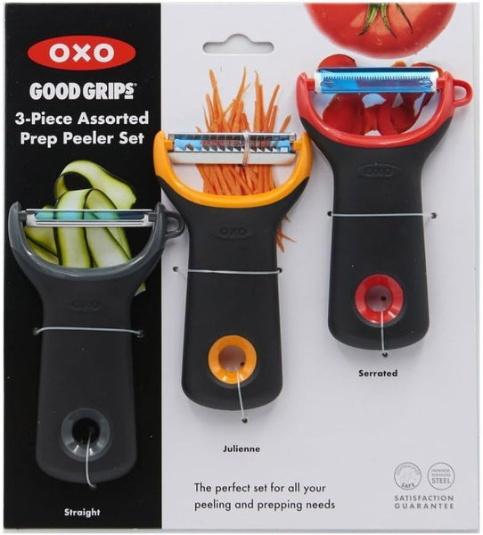 OXO Good Grips 3-Piece Assorted Prep Peeler Set – Includes Straight, Serrated & Julienne Peelers – Y-Shaped Design – Sharp Stainless Steel Blades – Non-Slip Handle – Dishwasher Safe