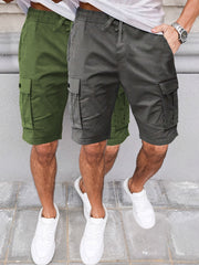 2pcs Men'S Cargo Shorts, Drawstring Waist Multi-Pocket Men'S Shorts