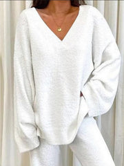 Women'S Winter Cozy Solid Color V-Neck 2pcs Casual Set - Soft Warm Outfits for Home Relaxation, Weekend Streaming & Cozy Friend Gatherings, Lounge Set, Casual Wear, Relaxed Fit, Vneck Design, Breathable Material, Comfortable Fabric, Twopiece Outfit, Women