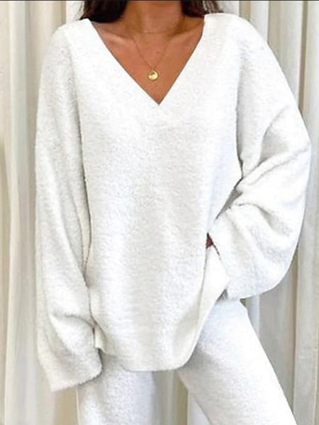 Women'S Winter Cozy Solid Color V-Neck 2pcs Casual Set - Soft Warm Outfits for Home Relaxation, Weekend Streaming & Cozy Friend Gatherings, Lounge Set, Casual Wear, Relaxed Fit, Vneck Design, Breathable Material, Comfortable Fabric, Twopiece Outfit, Women