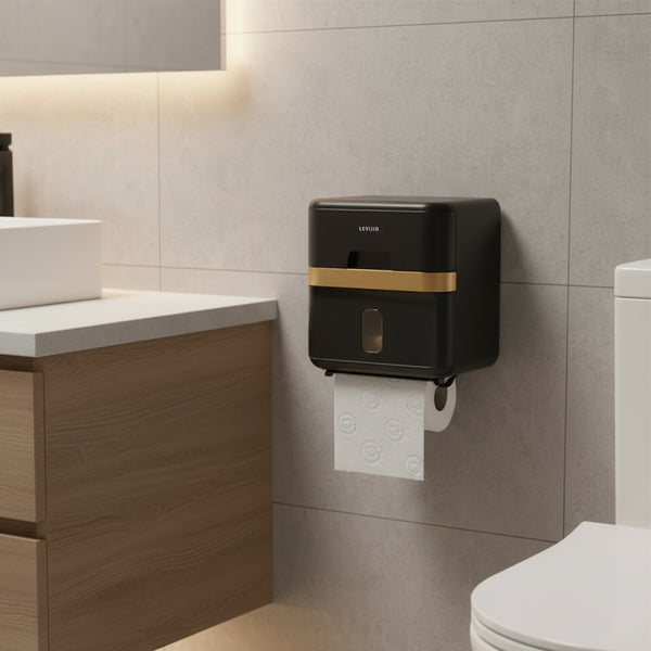 Hole-Free Wall-Mounted Tissue Box for Bathrooms, Waterproof Bathroom Storage Rack, Kitchen Paper Holder, Toilet Roll Holder, Dual-Purpose Tissue/Roll Dispenser, Multi-Functional Tissue Storage Rack, Compact Design, Black, Suitable for Bathrooms, Kitchens,