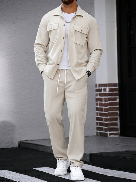 Men's 2pcs Casual Suit, 2-Pocket Shirt and Pants Set for Spring/Autumn, Suitable for Work and Leisure Sports