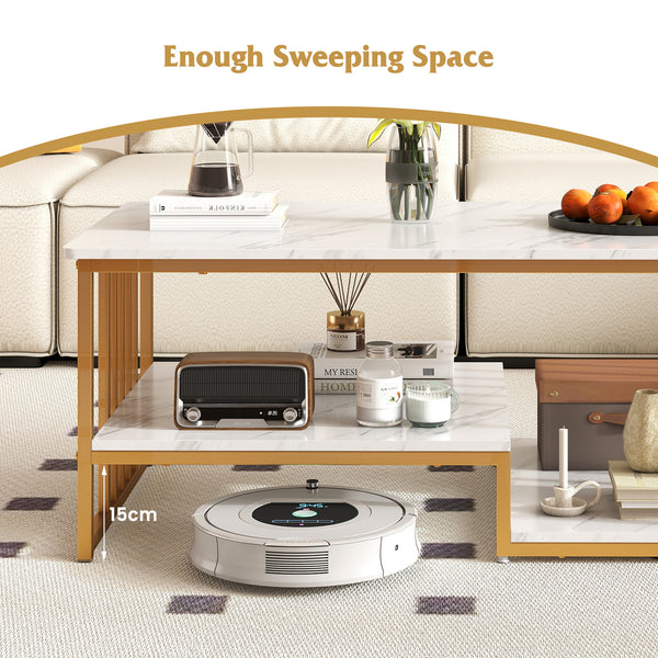 GOFLAME Faux Marble Coffee Table Rectangular 2-Tier Center Table w/ Shelf-White