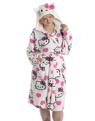 Hello Kitty Womens White Hooded Bathrobe | Cosy Fleece Loungewear with Pink Accents & Long Sleeves | Cartoon Character Design | Perfect for Relaxing Days | Hello Kitty Merch - Medium