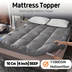 4 Inch/10Cm Microfiber Mattress Topper with 1100 GSM Heavy Filling, Extremely Soft And Fluffy, Hand-Filled, Available in Single, Double, King Sizes, Grey, Perfect for Halloween And Christmas Gifts