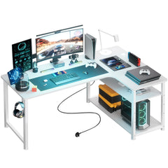 L Shaped Gaming Desk with Power Outlets Corner Computer Desk 110x80CM with Shelves Headphone Hook PC Table Workstation for Home Office Bedroom