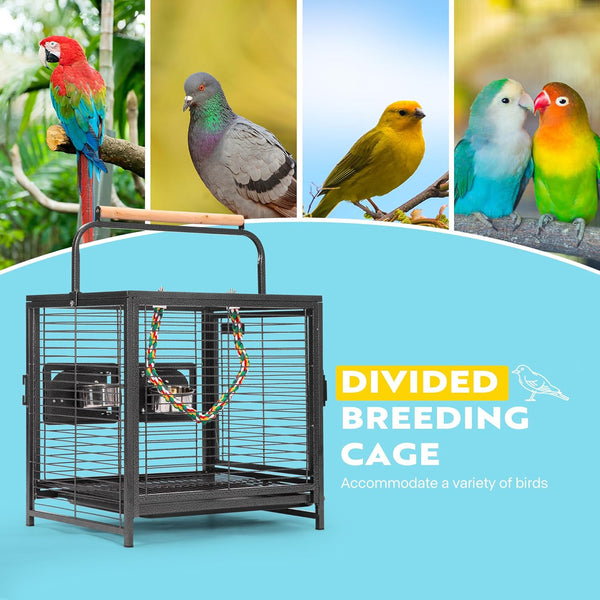 VIVOHOME 48 Cm Wrought Iron Bird Travel Carrier Cage with Handle Bird Transport Cage with Wooden Perch Portable Parrot Cage with Pullable Tray for Parrots Conures Lovebird Cockatiel Parakeets