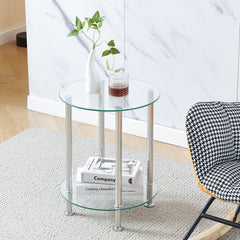 Round Side Table, Glass Sofa Side Table for Living Room, 2-Tier Small Coffee Table with Glass Top and Chrome Legs