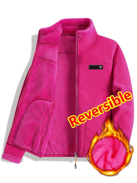 Women's Spring Casual Jacket, Thickened Shaggy Warm Printed Reversible Coral Sweatshirt, Double-Sided Outerwear