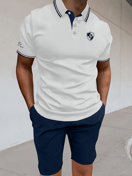 Men'S Polo Shirt Fashion Casual Set Pique Mesh Letter Pattern Top And Bottom