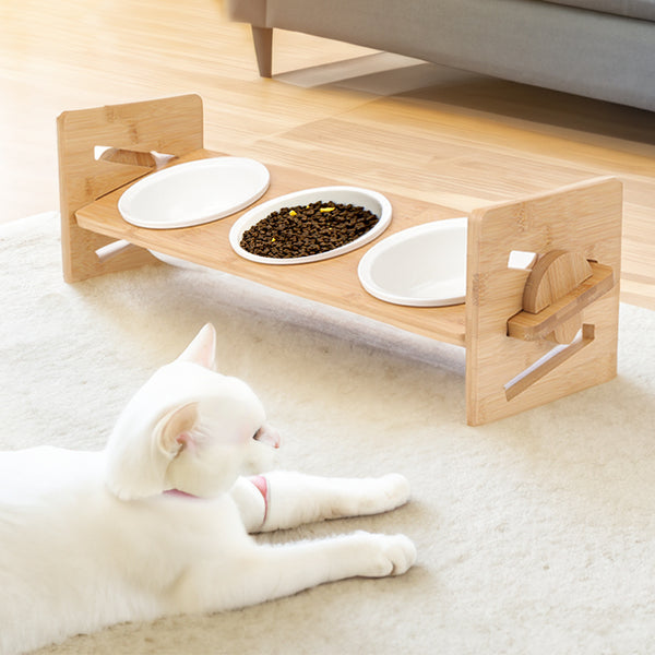 Pets Dog/Cat Bowls with Stand, 1/2/3 Bowls Adjustable Height Elevated Feeder Bowls for Cats and Small Dogs, Wooden Raised Feeding Bowls with Stand