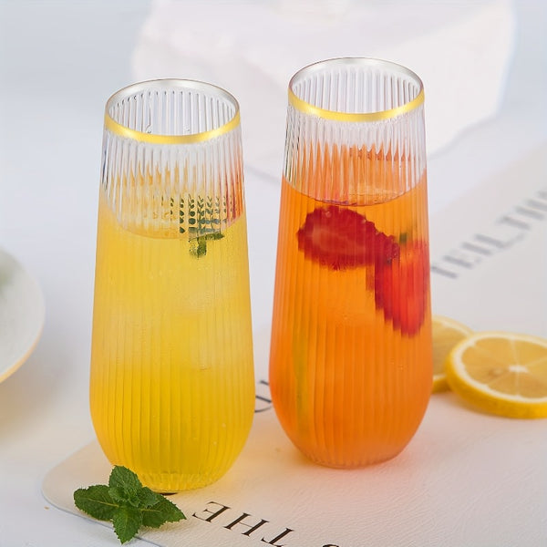9pcs Golden Rim Striped Plastic Champagne Flutes, 9oz Stemless Clear Cocktail Glasses, Ideal for Weddings, Engagements, Birthday Parties, Graduations, Anniversaries, Catering Events, Thanksgiving, Valentine's Day, Proposals, Wine, Champagne, Mimosa