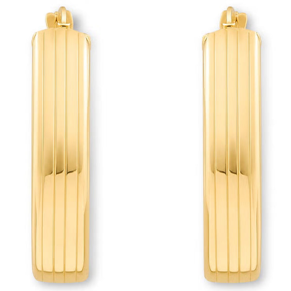 14Ct Yellow Gold Line Texture Oval Hoop Earrings
