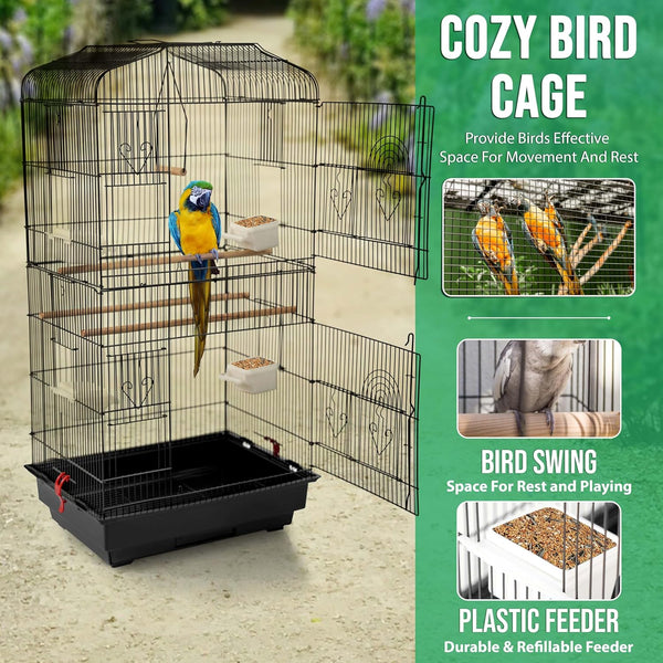 Large Metal Bird Cage for Budgie Parakeet Canary Cockatiel Finch or Lovebird by Crystals (Black)