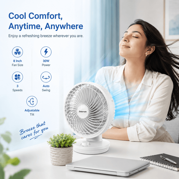 A2Z 8 Inch Table Fan Portable Desk Fan with 3 Speed Settings Oscillating Adjustable Tilt Head Indoor Fan with UK Plug for Home Office Bedroom