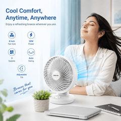 A2Z 8 Inch Table Fan Portable Desk Fan with 3 Speed Settings Oscillating Adjustable Tilt Head Indoor Fan with UK Plug for Home Office Bedroom