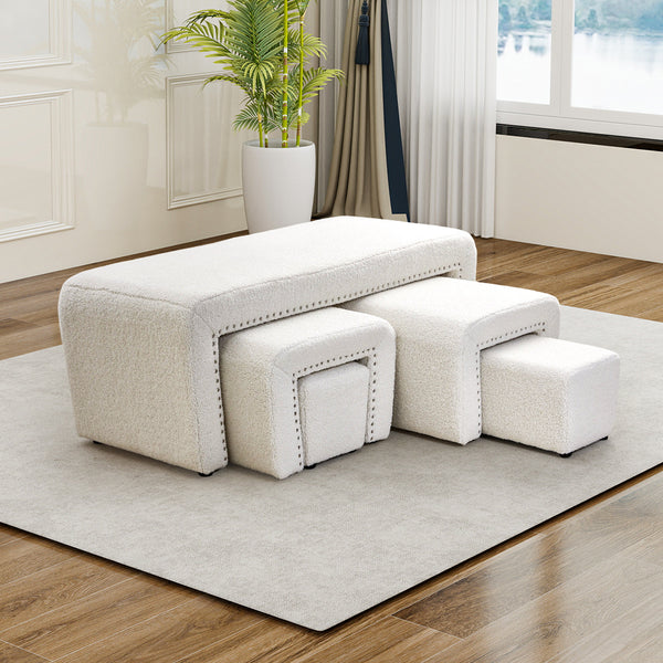 Boucle Fabric Bed End Stool 5-piece Set, Leisure Changing Shoes Stool, 5 Combination Stools, Sofa Footrest, Soft and Comfortable Bedside Bench, Suitable for Living Room Bedroom Rest Room