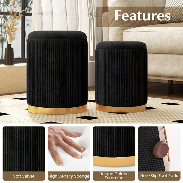COSTWAY Velvet Storage Ottoman Set of 2 with Golden Stainless Steel Hoop, Ottoman Storage Bench