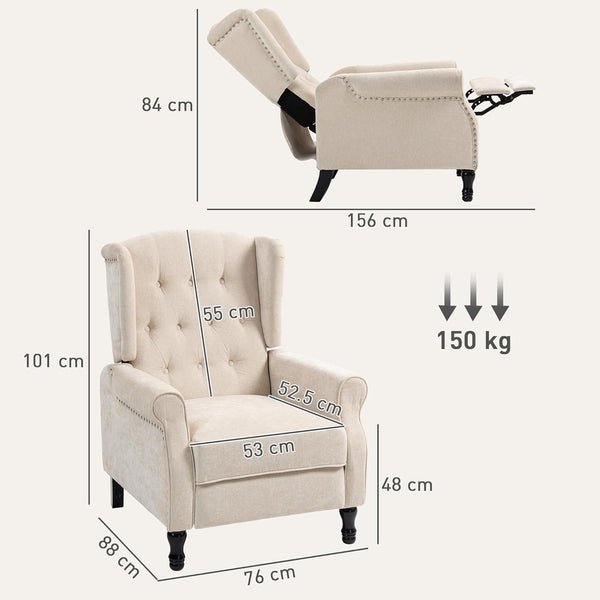 HOMCOM Recliner Armchair, Vintage Reclining Chair with Nail Head Trim, Wingback Chair with Button Tufted Back and Footrest, for Living Room, Beige