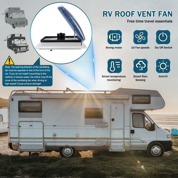 10 - Speed 12V RV Roof Vent Fan - Reversible, Rain Sensor, Ultra - Low Noise, Remote & Temp Monitoring