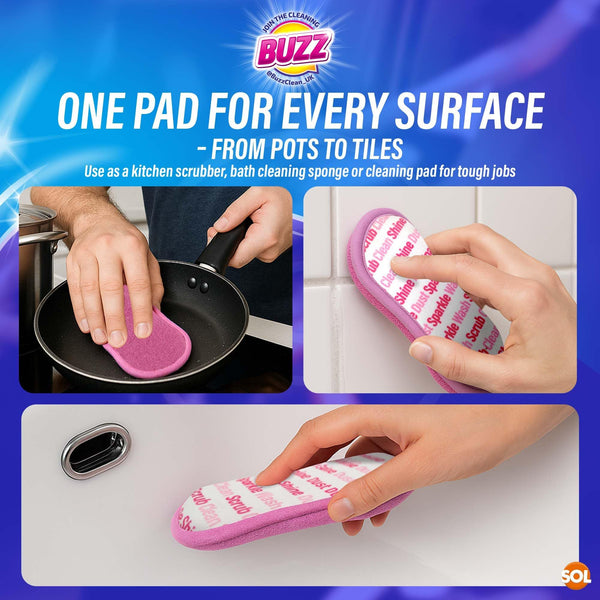 Buzz 2pk Cleaning Pads | Dual-Sided Non Scratch Scouring Pads | Reusable Kitchen & Bathroom Scrubbers for Dishes, Pots, Sink & Everyday Use | Washable Non Scratch Sponge Scourers