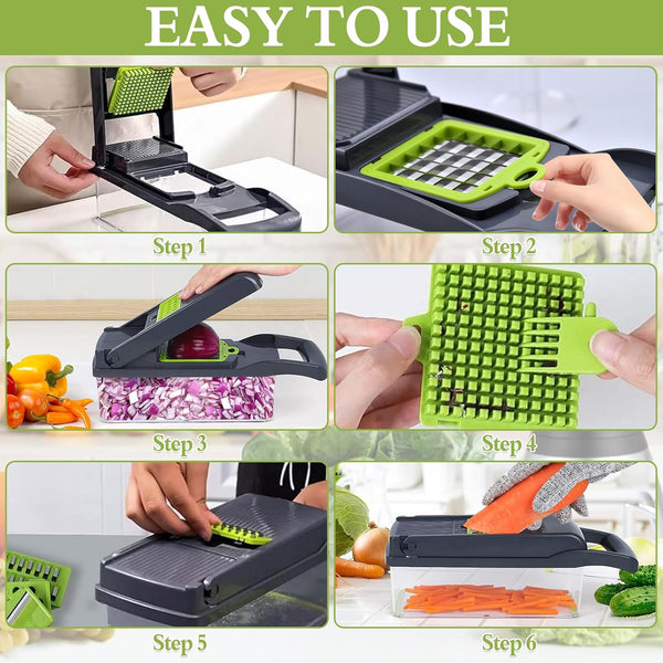 16pcs Vegetable Chopper, Multi-Purpose Fruit Slicer, Handle Food Grater, Vegetable Slicer, Cutter with Container, Onion Chopper with Multiple Interchangeable Blades