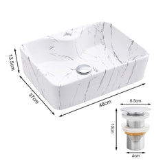 Marble Effect Countertop Sink, Bathroom Basin Sink Vanity Vessel White Ceramic Countertop Rectangular Hand Wash Bowl, Large Bathroom Counter Top Ceramic Wash Basin Cloakroom Sink With Pop-up Waste Drainer Gloss White 480x370x135mm (Tap Not Included)