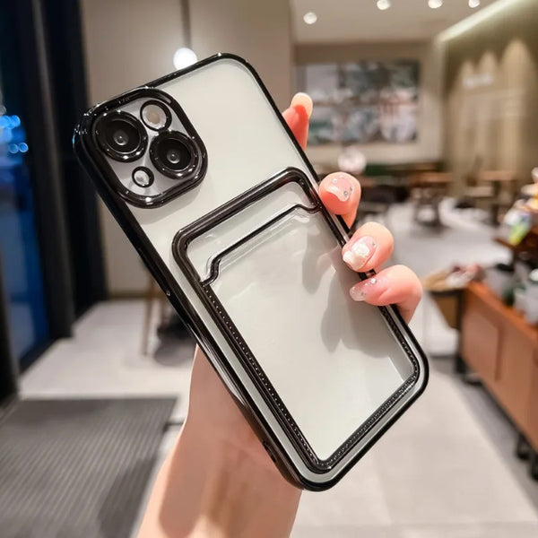 Phone case: Electroplated Transparent Card Slot Holder Case for iPhone 15 14 Plus 13 12 11 Pro Max Plating Photo Pocket Shockproof Cover