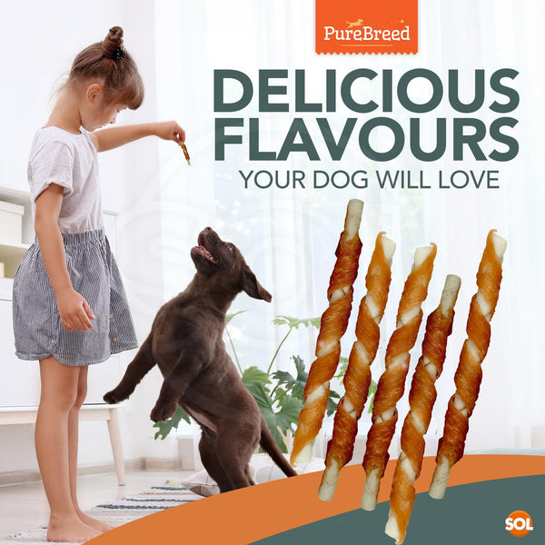 Pure Breed 100pk Chicken Wrapped Dog Treats | Twist Rawhide Sticks for Training, Reward & Chewing | Low Fat, High Protein Long-Lasting Dog Chews | Perfect Puppy Treats & Christmas Pet Gifts