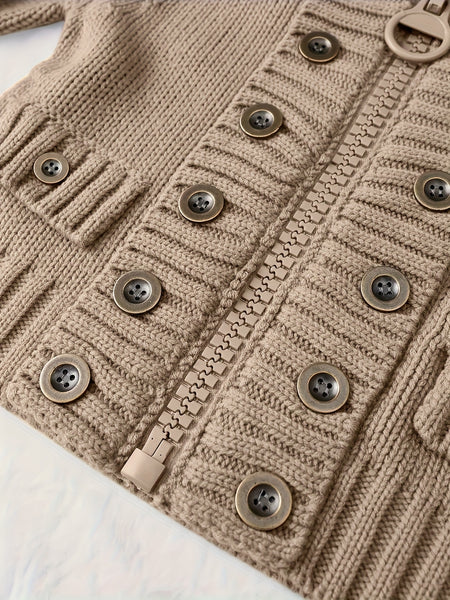 Christmas Women's Elegant Cardigan - Front Zipper & Multi Buttons, Stand-Up Collar Sweater, Structured Fit for Office, Party, Everyday - All-Season Chic Outerwear, Office Wear, Textured Knitwear, Ribbed Texture, Stylish Coverup, Working Professionals