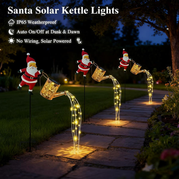 Christmas Santa Solar Kettle Lights, Garden Lawn Decorative Light, Solar Watering Can Garden Lawn Decor with Flowing LED Water, for Outdoor Patio Path Walkway Decoration, Unique Xmas Gifts (A*2)