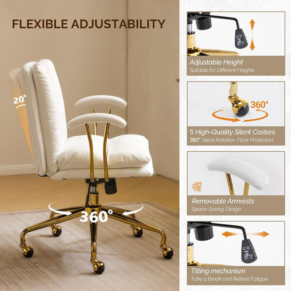 Office Chair Desk Chair with Wheels & Removable Armrests Gold Base Vanity Chair with Back Adjustable Rolling Swivel Computer Task Chair PU Leather