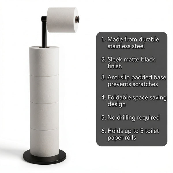 ZISH Toilet Roll Holder Free Standing - Stainless Steel Bathroom Toilet Paper Organizer and Dispenser - No Drill Toilet Roll Stand Freestanding - Up to 5 Toilet Roll Storage