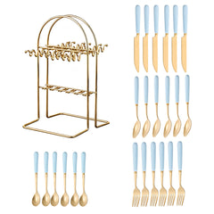 24pcs Stainless Steel Tableware Set with Ceramic Handles, Fork Spoon Set with Utensil Holder, for Home Use/Restaurant, Serves for 6 People