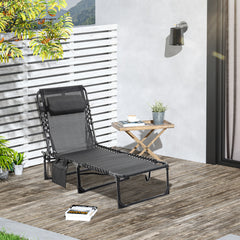 Portable Sun Lounger, Folding Camping Bed with Side Pocket and Pillow for Patio