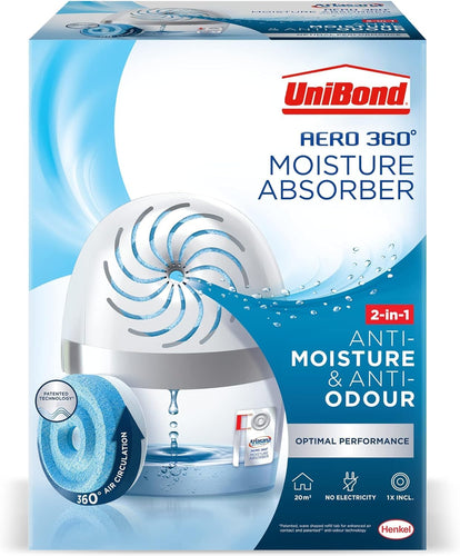 Unibond AERO 360º Moisture Absorber, 1 Device Incl. 1 Refill Tab 450G, Ultra-Absorbent Dehumidifier, Helps to Prevent Condensation, Mould & Musty Smells, Recyclable, Refillable Condensation Absorber