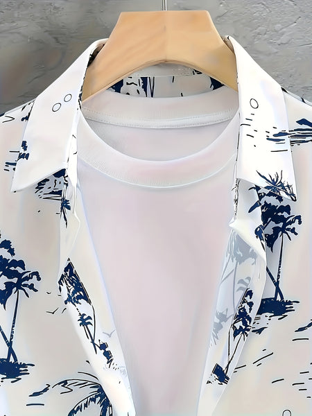 3pcs Men'S Tropical Hibiscus & Palm Leaf Print Short Sleeve Summer Shirts - Breathable Non-Stretch Fabric, Button-Up Collar Casual Button-Up Shirt with Tropical, Hibiscus & Palm Leaf Design, Machine Washable, Perfect For Beach, Vacation