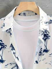 3pcs Men'S Tropical Hibiscus & Palm Leaf Print Short Sleeve Summer Shirts - Breathable Non-Stretch Fabric, Button-Up Collar Casual Button-Up Shirt with Tropical, Hibiscus & Palm Leaf Design, Machine Washable, Perfect For Beach, Vacation