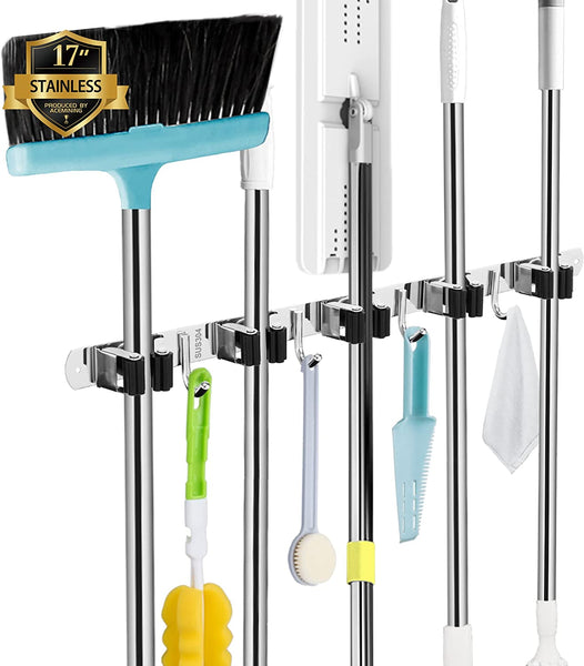 Broom and Mop Holder - Wall Mounted 5 Holders + 4 Hooks with Nails Installation, Stainless Steel, Self Adhesive, Heavy Duty Gripper