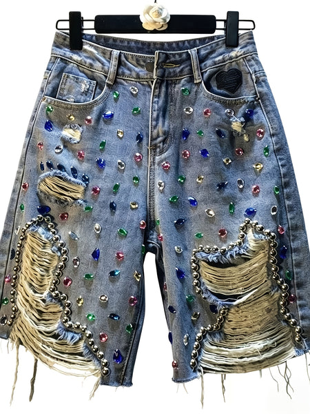 New European & American Style Women'S Heavy-Duty Rhinestone & Beaded Denim Shorts, High Waist Ripped Straight Leg Bermuda Capris, Made of Breathable, Cool, Soft And Comfy Fabric. Perfect for Summer Outdoor Casual Wear