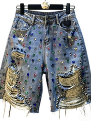 New European & American Style Women'S Heavy-Duty Rhinestone & Beaded Denim Shorts, High Waist Ripped Straight Leg Bermuda Capris, Made of Breathable, Cool, Soft And Comfy Fabric. Perfect for Summer Outdoor Casual Wear