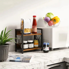 2 Tier Wooden Spice Rack, Kitchen Counter Organiser for Spices, Oil Bottles, Coffee Storage, Rustic Design with Stable Structure, Quick Assembly, Versatile for Home and Office Use