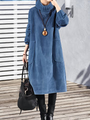 Women'S Elegant Corduroy Dress - Long Sleeve Turtleneck Loose Fit Winter Warm Dress with Pockets, Solid Color (Navy/) - Cozy Fall/Winter