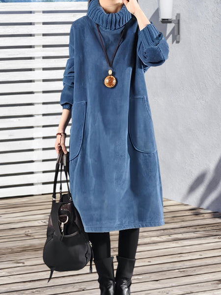 Women'S Elegant Corduroy Dress - Long Sleeve Turtleneck Loose Fit Winter Warm Dress with Pockets, Solid Color (Navy/) - Cozy Fall/Winter