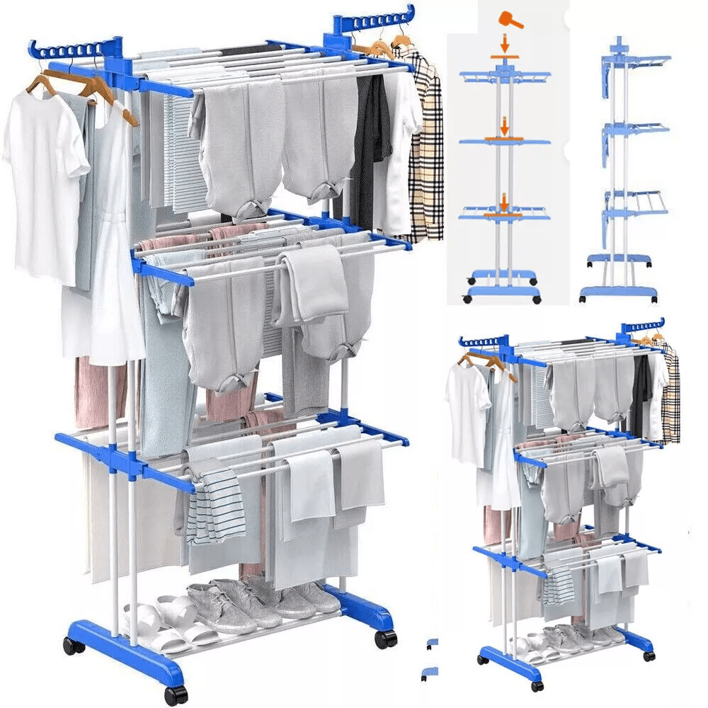 Extra Large 4-Tier Freestanding Metal Clothes Drying Rack, Adjustable Rolling Garment Dryer Stand with Wheels, Foldable Design for Indoor/Outdoor Laundry Room, Drying Racks